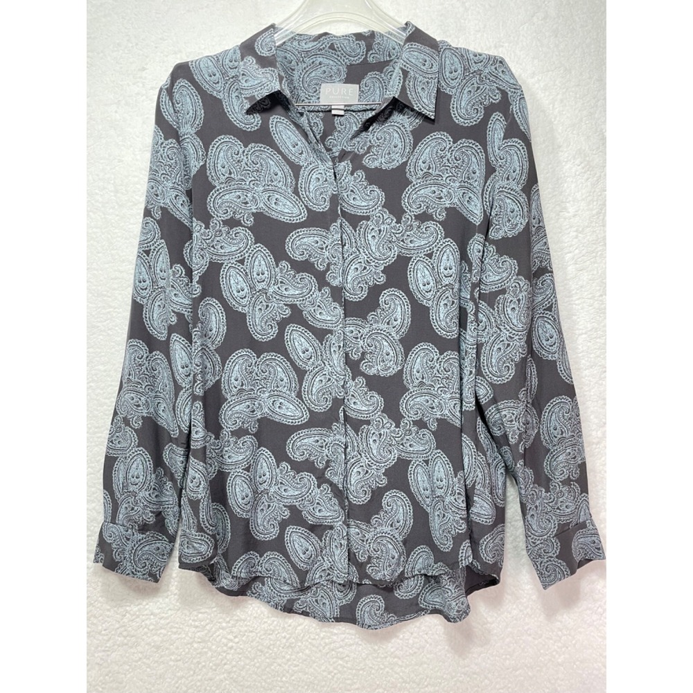 Pure Collection Womens 8/10 Gray Long Sleeve‎ Button Up 100% Silk
